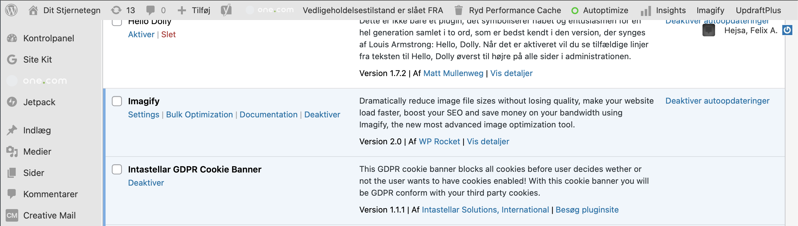 GDPR cookiebanner, Wordpress plugin Dashboard