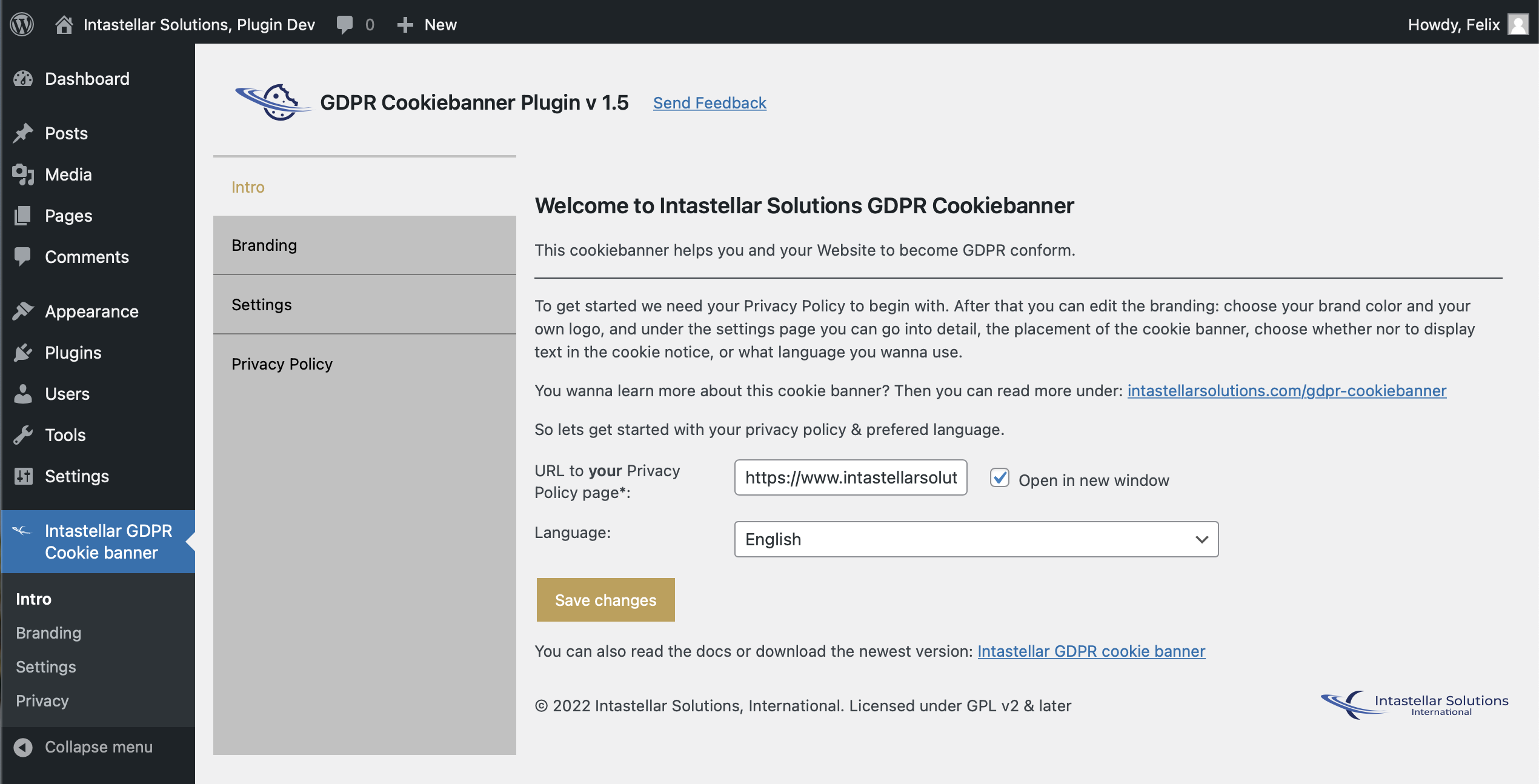 GDPR cookiebanner, Wordpress plugin Dashboard