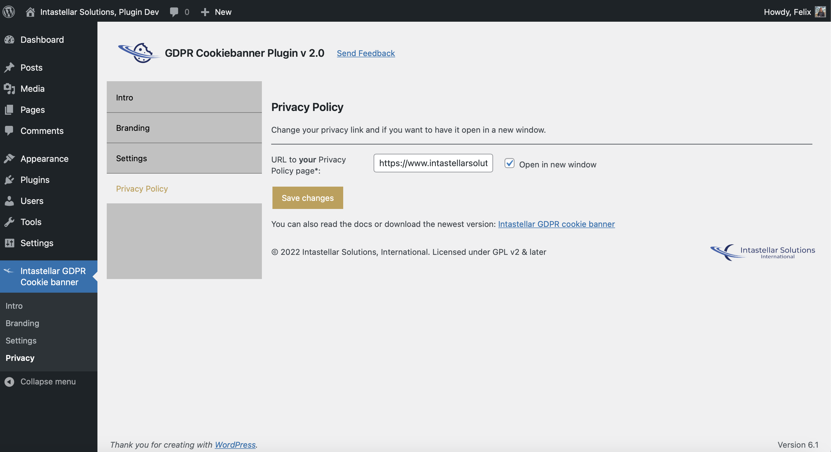 GDPR cookiebanner, Wordpress plugin Dashboard - Privacy