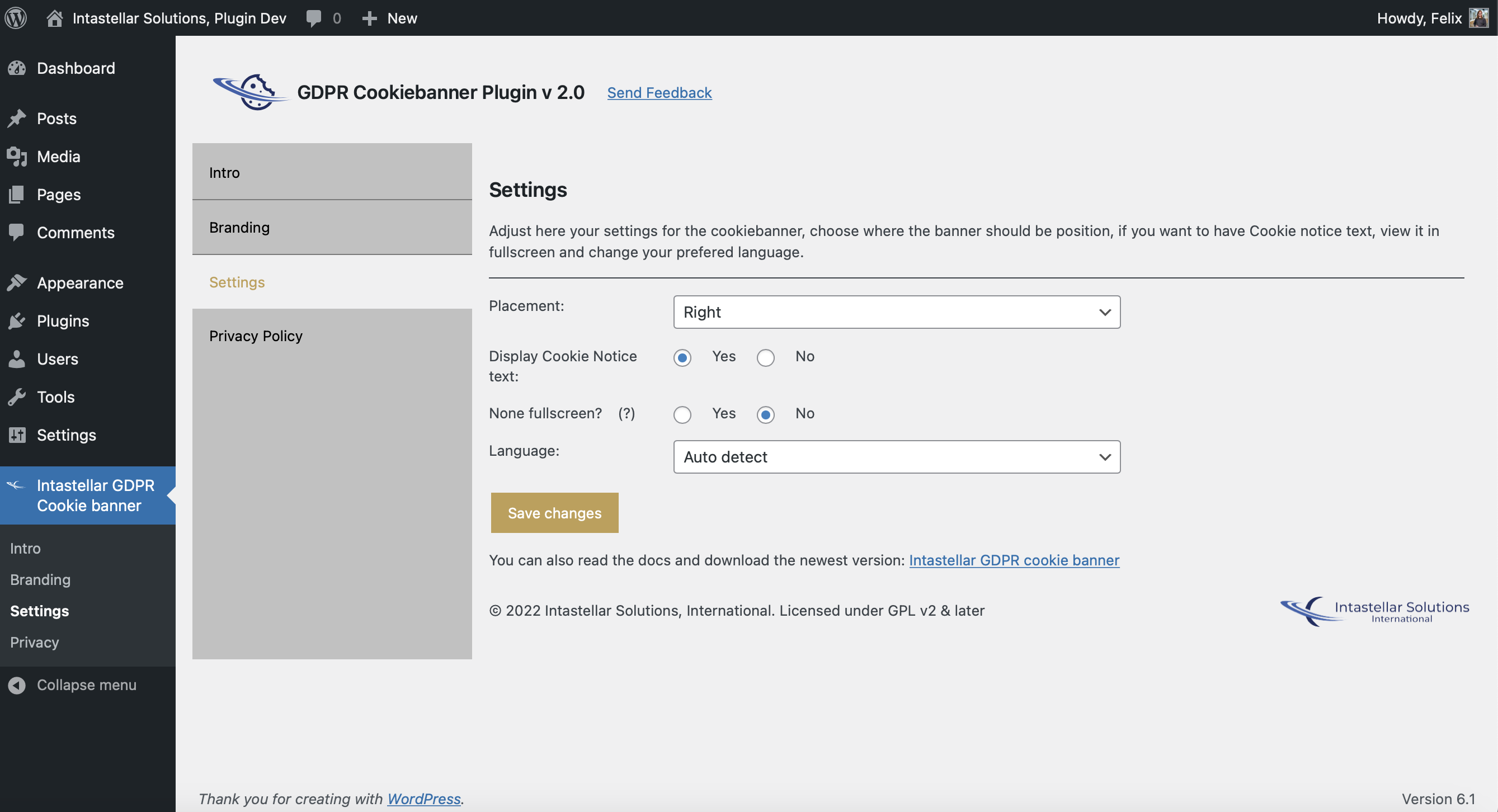 GDPR cookiebanner, Wordpress plugin Dashboard - Settings