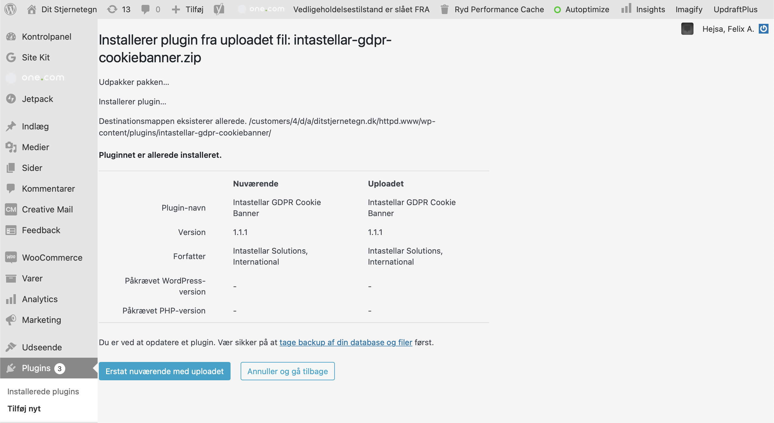 GDPR cookiebanner, Wordpress plugin Dashboard